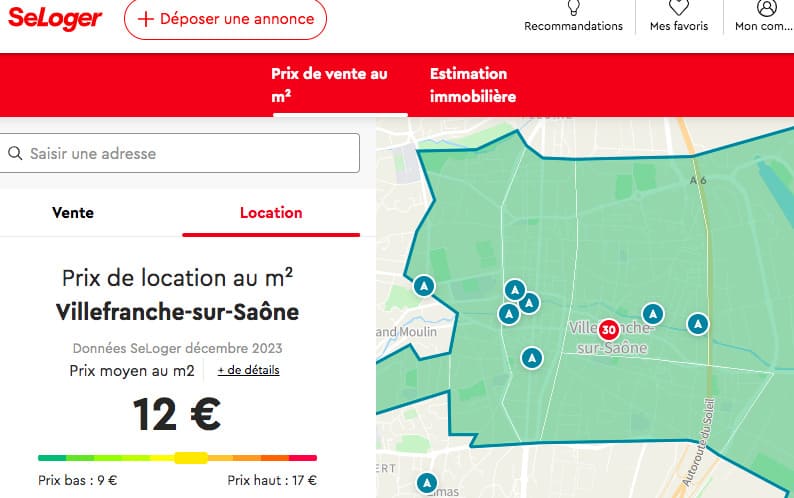 Prix moyen d'une location au mètre carré à villefranche sur saone selon seloger.com