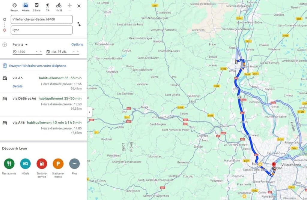 Temps de trajet Villefranche-Lyon