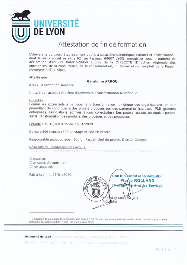 Attestation de fin de formation Géraldine ARROU